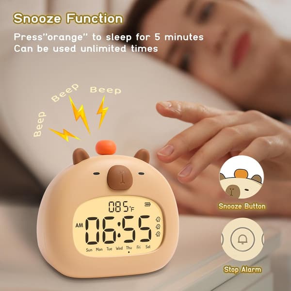 Drop-thread alarm clocks for bedroom, simple digital clock with loud beeps, cute capybara night light dimmable, children's alarm clock, boys