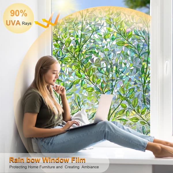 Stained Glass Window Film Static Cling, Removable Reusable Leaf Pattern for Home, Bathroom, Kitchen, 44.5 x 200 cm Green