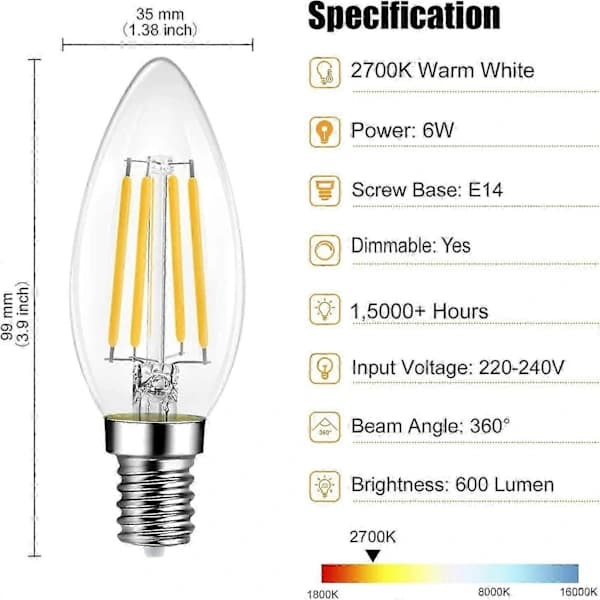 6-pack E14 Dimmable Warm White 600lm 6W LED Bulbs Replaces 60W 2700K LED Bulb Energy Saving