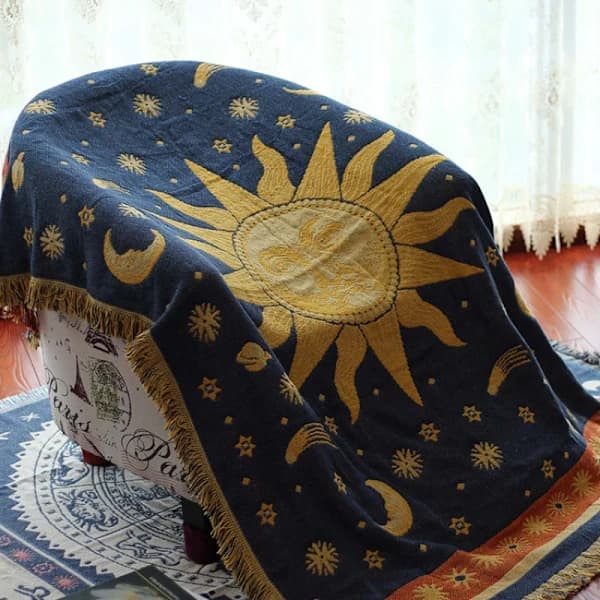 Jacquardvevd pledd Sol Måne Mønster Retro Sofatrekk Sofa Sengepynt Blå 90x150cm Blå 90x150cm Blue 90x150cm