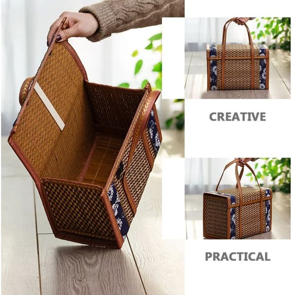 Wicker Picnic Basket with Handle for Fruit, Shopping, Food, Wicker Grass, Foldable Bamboo Basket