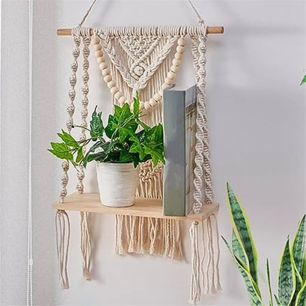Makramé vägghylla väggdekor för sovrum, makramé vävd rep väggkonst som Boho badrumshylla dekor