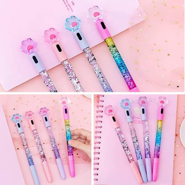 8 søte penner Kawaii morsomme penner, 0,5 mm glitrende katteklo lysende kulepenn