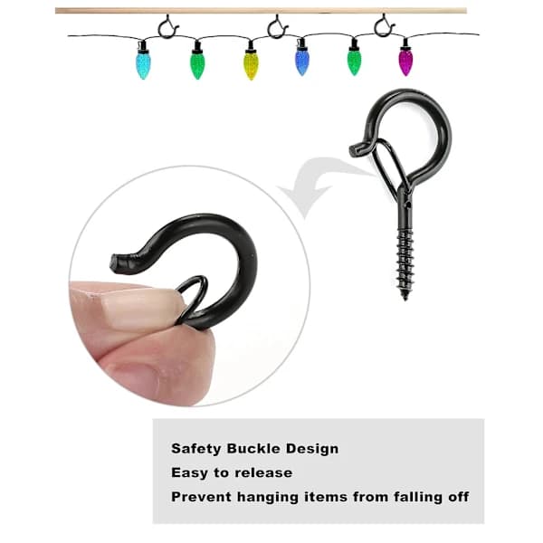 20-pack Q-Hanger String Light Hooks, Screw-in Hooks for Hanging Outdoor String Lights, Heavy Duty 2.2 Inch Black Loop Hooks