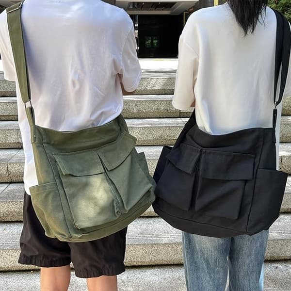 Canvas Messenger Taske, Stor Kapacitet, Flere Lommer, Justerbar Rem, Lynlås Og Magnetisk Lukning Til Arbejde Og Skole, Sort