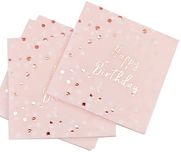 Happy Birthday Serviett Roségull, Egnet for Jentebursdagsfestdekorasjon