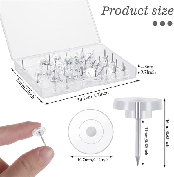 50 Pieces Transparent Thumbtacks, 16mm Flat Push Pins Wall Mounts DXGHC