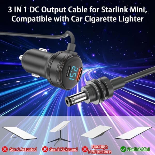 Portable Power Supply for Starlink Mini – 12V Car Adapter with Long Cable – Charges Both Device and Terminal Simultaneously