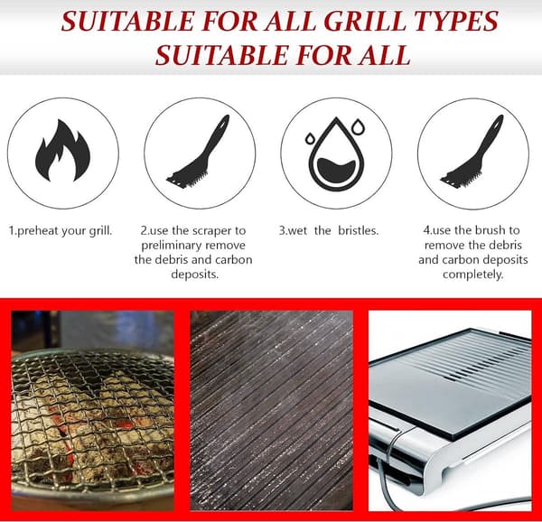 Grillbørste og skraber, 2-delt sæt, rustfri ståltråd, 8 tommer, ekstra stærk til grillrengøring