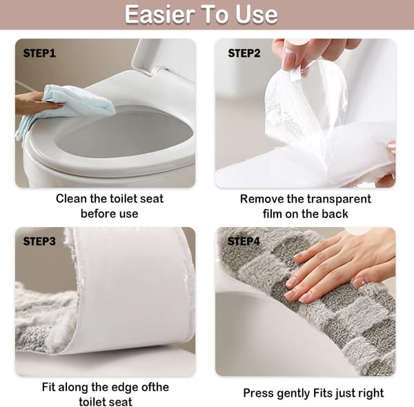 Washable Toilet Seat Covers Soft Warm Plaid Pattern Reusable Cushion With TPR Adhesive Easy Installation Grey 38x11cm 2-pack