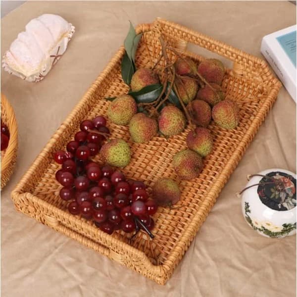 Rattan Serving Tray with Handles, Hand-Woven Rectangular Breakfast, Snack, and Drink Tray for Home and Bar, 34 cm