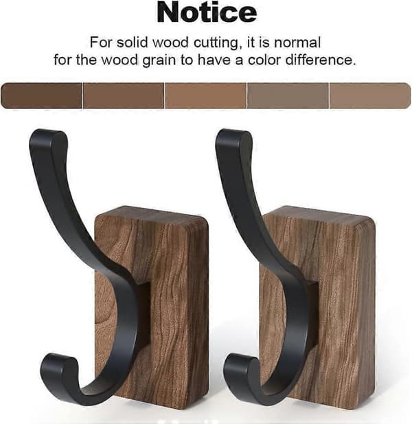 Walnut Wood Wall Hooks Set of 4 Self-Adhesive and Wall-Mounted Rustic Coat Hooks for Entryway Hall Brown Black