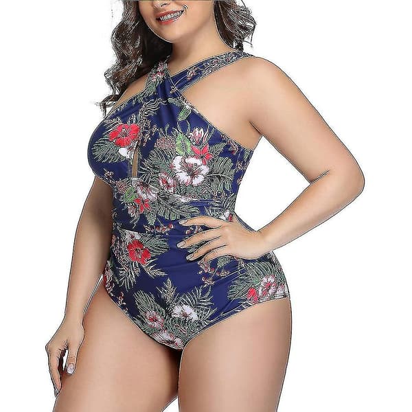 Dame Front Cross Plus Size Badedrakter i ett stykke Magekontroll Badedrakt - Blå BlomstretL DFA1637