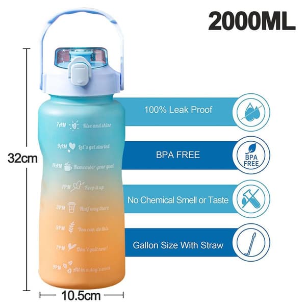 2000 ml Gradient Tidsskala Blå Sport Vannflaske KLB