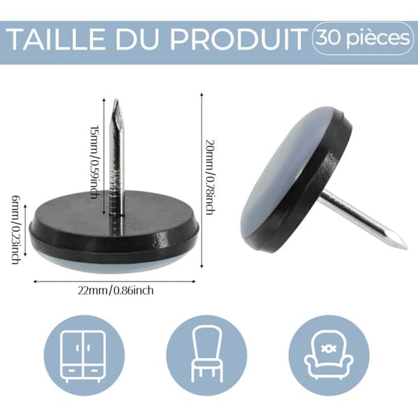 30 Stykker 22mm Teflon Stolglidere Runde Møbelglidere Spikbare Stolglidere Beskytter Fliser, Tregulv, Stoler, Bord