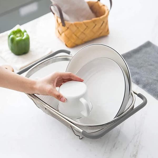 Dish Drainer Colander, Stainless Steel Fine Mesh Extendable Oval Strainer Basket with Rubber Handles for Kitchen Sink