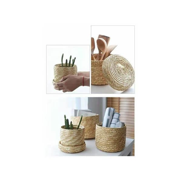 Woven Storage Basket with Lid, Handmade Straw Snack Organizer Storage Box, Laundry Baskets, Rattan Storage Flower Basket