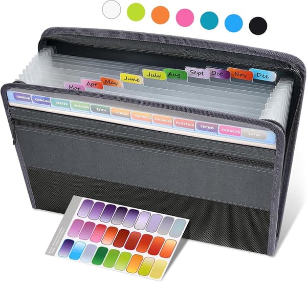 Expanding Folder with Zipper, 13 Pockets, A4, Black, Document Organizer