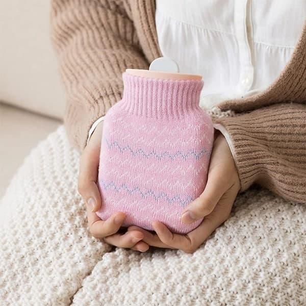 Small Hot Water Bottle (Pink), with Knitted Cover, Mini Silicone
