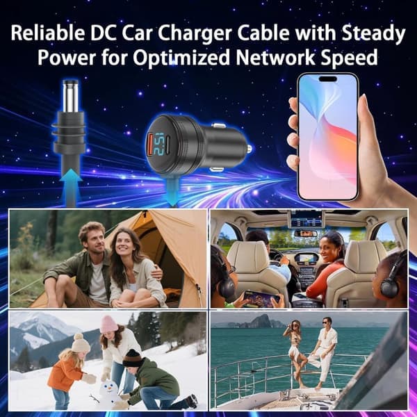 Bærbar strømforsyning for Starlink Mini – 12V billader med lang kabel – Lader både enhet og terminal samtidig