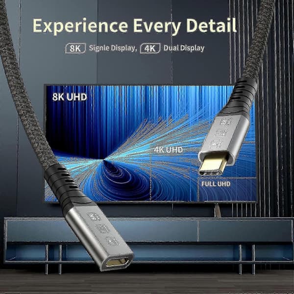 Thunderbolt 4 forlængerkabel, USB-C-kabel til USB C han til hun understøtter 8K/5K@60Hz video / 40 Gbps dataoverførsel / 100W opladning (0,8m)
