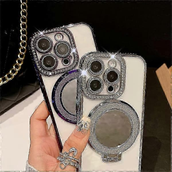 Compatible Case for 16 Pro Max Electroplated Stand Clear Back Phone Case With Glitter Dark Purple