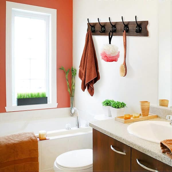 Wall Mounted Coat Hooks, Wooden Coat Hook Rack for Coat Hat Towel Robe, Kitchen Bathroom Entryway (Dark Brown, 1 pc)