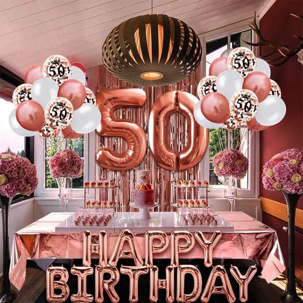 50-års gullrosa bursdagsdekorasjon, gratulerer med dagen-banner, han
