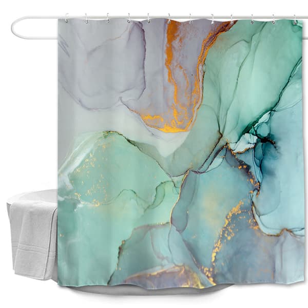 Fargerikt Marmor Dusjforheng Abstrakt Blågrønn og Gull 180*180cm Polyester