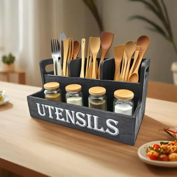 Kitchen Storage Shelf in Wood – Tabletop Organizer & Cutlery Box with 4 Compartments and Lid