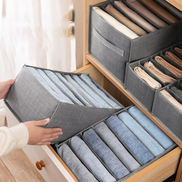 Storage Box for Wardrobe, 7 Compartments, for T-shirts, Jeans, Shirts, Grey