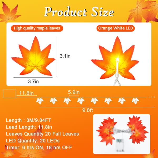 Maple Leaf String Lights, 3M 20LED Autumn Fall String Lights Battery Operated with Timer, Fall Leaves String Lights