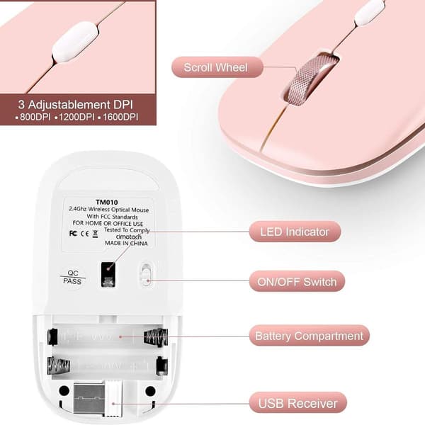 2.4G lydløs mus med USB-mottaker, egnet for