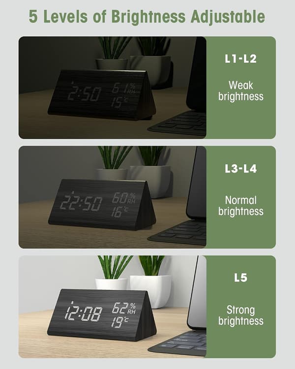 Træ Digitalt Vækkeur, Digitalt Ur med Snooze/Dato/Temperatur