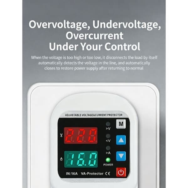 Overvoltage and Overcurrent Protected Socket, 220V AC Adjustable, 16A Overload Protection, European Standard Plug.