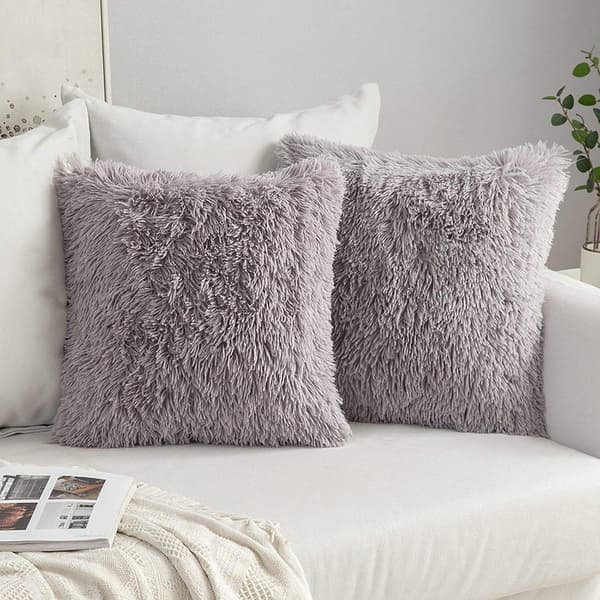 Faux Fur Square Pillowcase, Grey, 43x43cm, Set of 2 (Pillow Insert Not Included), for Bed & Sofa