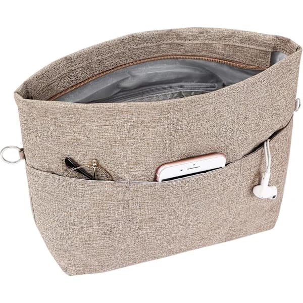 Handbag Organizer, Tote Bag Insert with Multiple Compartments and Zippers, Sturdy Bag Insert with Keychain. Light Brown, S S