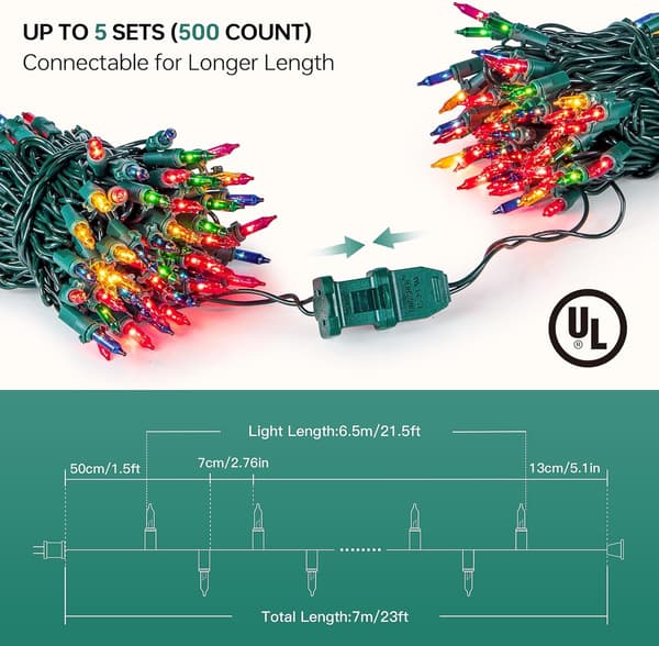 Christmas Lighting, Clear Outdoor Lighting, 2-pack 7m 100 Green String Switchable Lights, UL-Approved Christmas Tree Lights for