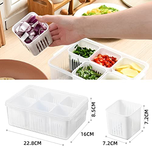Fresh Produce Refrigerator Organizer with Lid and 6 Removable Drain Baskets for Fridge Storage (Clear) Translucent white six squares Translucent white six squares