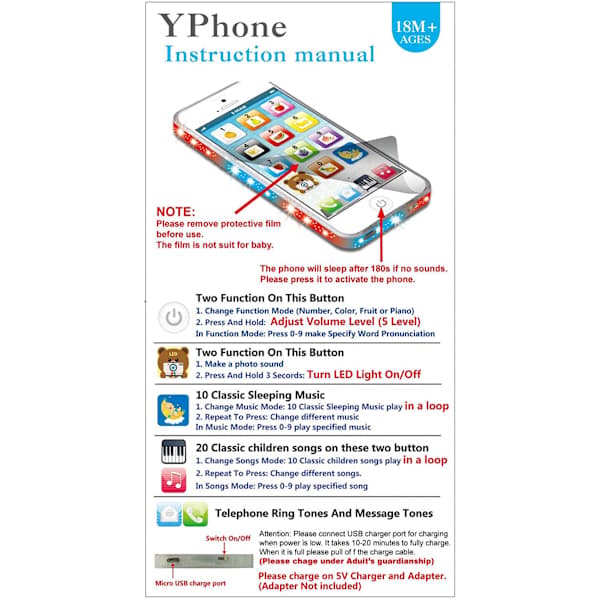 Kids' Educational Toy Phone, White, USB Rechargeable