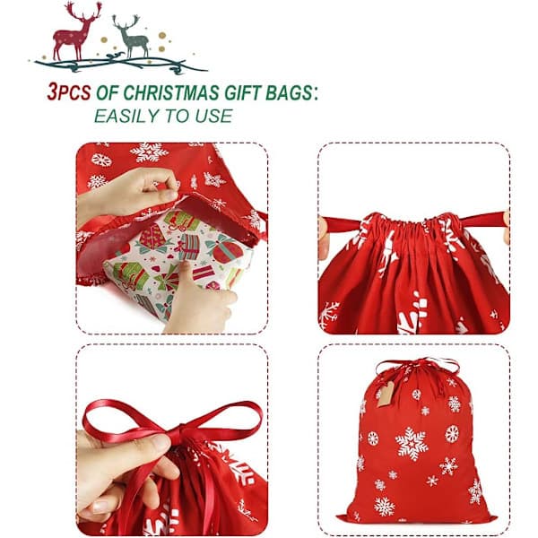 Bomullsdragpåsar för presenter, 3-pack återanvändbara presentpåsar, tygjulklappspåsar för jul och tacksägelse