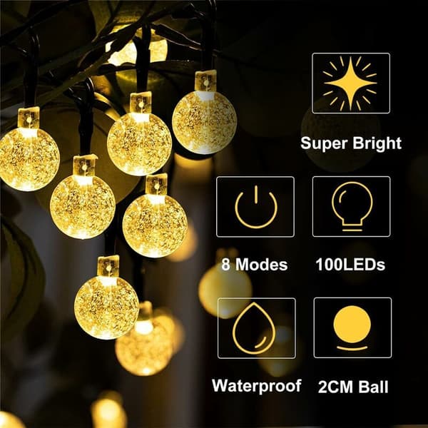 Solcellelysslynger, 100 LED 12M Varmhvite Krystallkulelys, 8 moduser Vanntette Solcellelamper, For Utendørsdekorasjon, Hager, Terrasser, Bryllup