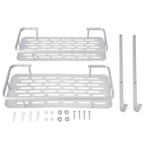 Double Layer Aluminum Wall Mounted Storage Shelf with 2 Hanging Hooks Bathroom