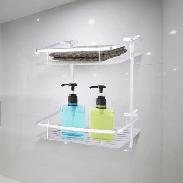Double Layer Aluminum Wall Mounted Storage Shelf with 2 Hanging Hooks Bathroom