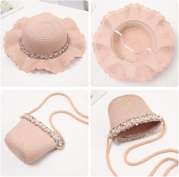 Sommerstråhat og taske, sød solhat med bred skygge og vævet skuldertaske til udendørs brug til piger, beige, medium Beige Medium Beige Medium