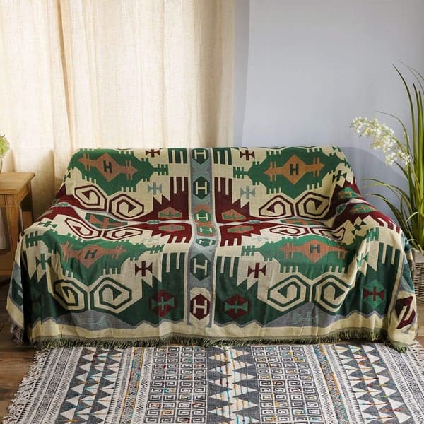 Dekorativt bomullspledd i vevd bomull, sofahåndkle, varmt bomullspledd 130 x 180 cm (bohemisk stil)