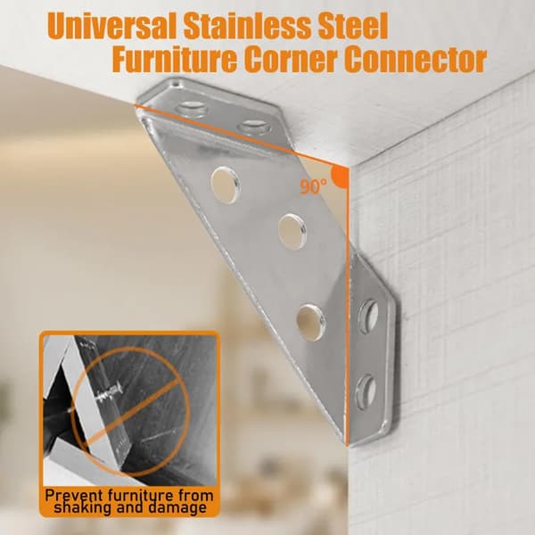 Universal furniture angle connectors, stainless steel, triangular support for shelf, cabinet, table, chair, 10-pack with screws