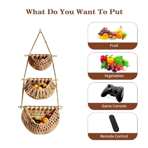 3-Layer Wall Hanging Fruit Basket Stylish Detachable Mesh Storage Bag for Kitchen Multicolour Multicolour