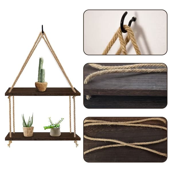 Hanging Shelves for Wall, 2-Tier Antique Wood Floating Hanging Shelf with Hand String Weaving Process, for Bedroom