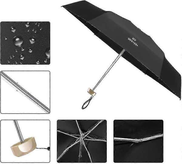 Mini Paraply, Sort Gummidug 6 Aluminiumlegeringsribber, Sammenfoldelig Kompakt Rejseparaply, Regn- og Solparaply